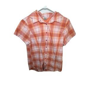 Duluth Shirt Womens Medium Orange Plaid Breezeshooter Performance Button Up